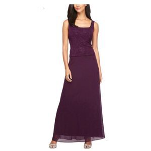 Alex Evenings Dress Women's Plus 16W Purple Glitter Jacquard Knit Maxi Gown NWT